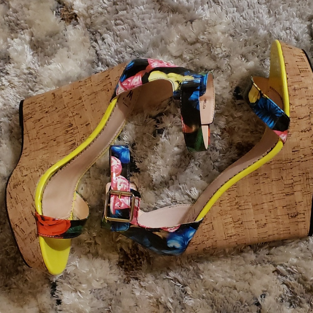 Yellow Floral Patent Leather Cork Wedge Sandal